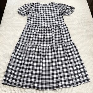 H&M Divided Gingham Tiered Midi Dress Women's M Black White Cottagecore Picnic